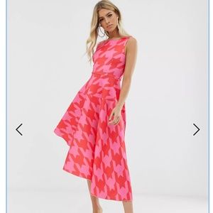 Flounce London Asymmetric scuba midi dress in Pink/Red gingham